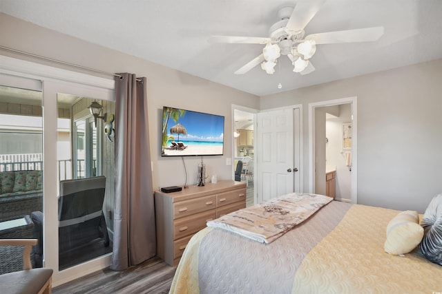 bedroom featuring connected bathroom, ceiling fan, access to outside, and dark hardwood / wood-style floors