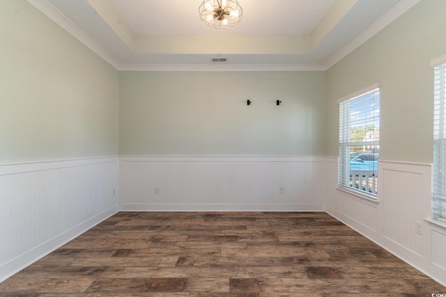 spare room featuring crown molding, a raised ceiling, and dark wood-type flooring