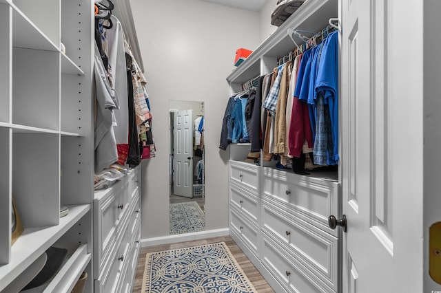 walk in closet with light hardwood / wood-style flooring