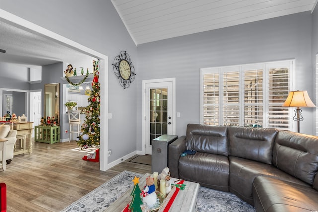 living room featuring hardwood / wood-style floors and high vaulted ceiling