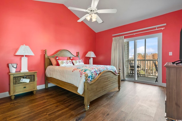 bedroom featuring hardwood / wood-style floors, ceiling fan, access to exterior, and lofted ceiling