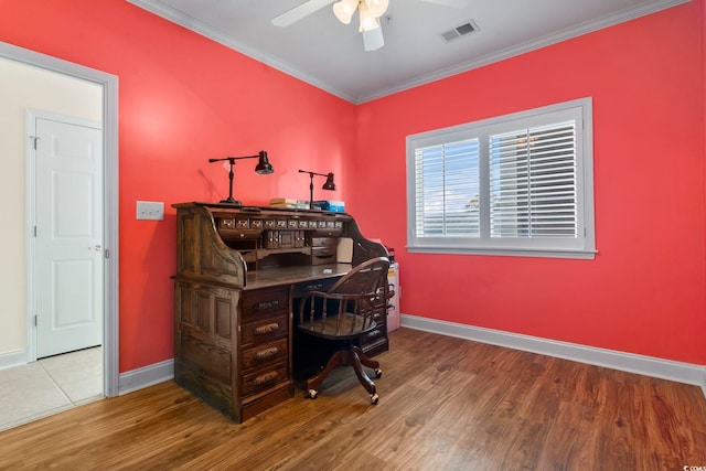 home office with crown molding, hardwood / wood-style floors, and ceiling fan