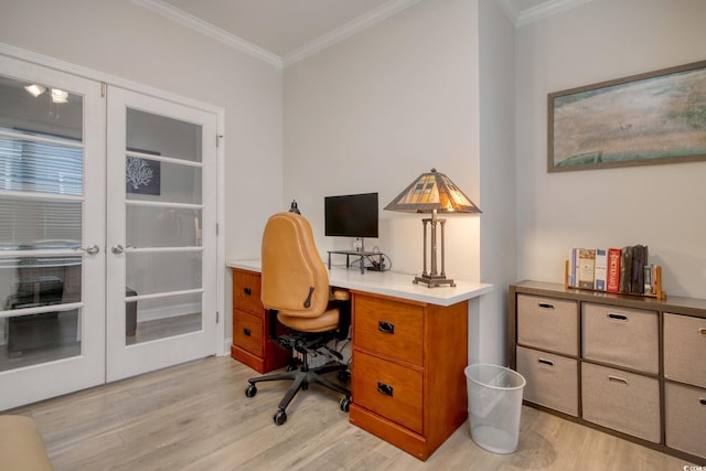 office space featuring light hardwood / wood-style floors and crown molding