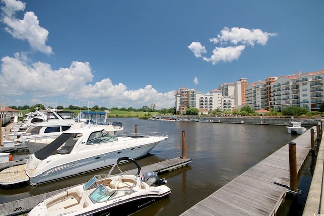 view of dock with a water view