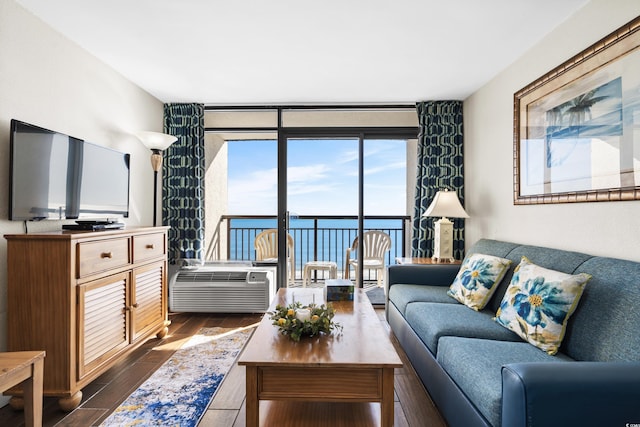 living room featuring a wall mounted air conditioner, a water view, and dark hardwood / wood-style floors