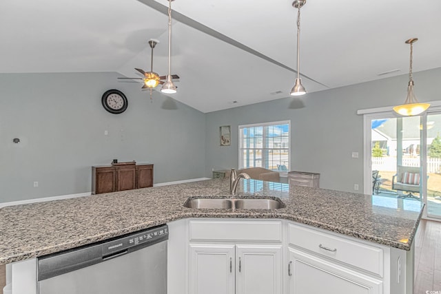 kitchen with white cabinets, ceiling fan, sink, a center island with sink, and dishwasher