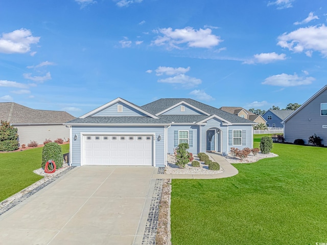 single story home with a garage and a front lawn