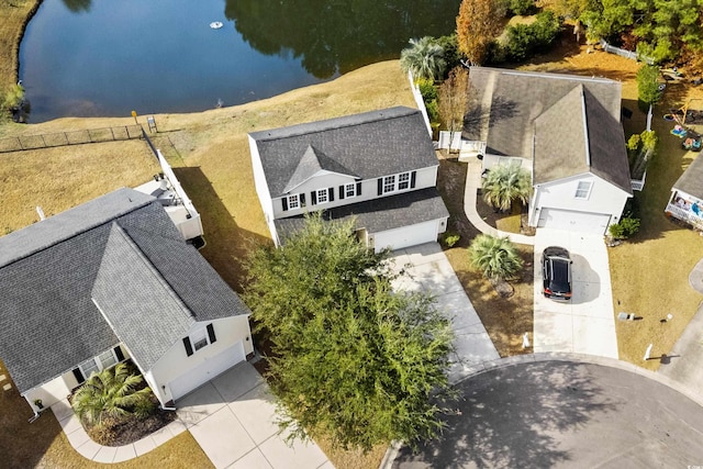 drone / aerial view featuring a water view