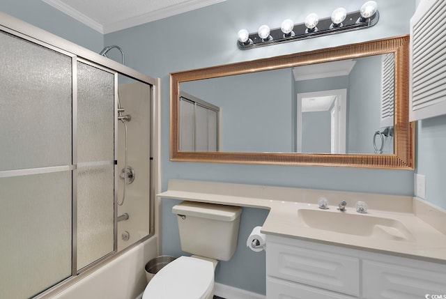 full bathroom featuring crown molding, vanity, enclosed tub / shower combo, and toilet