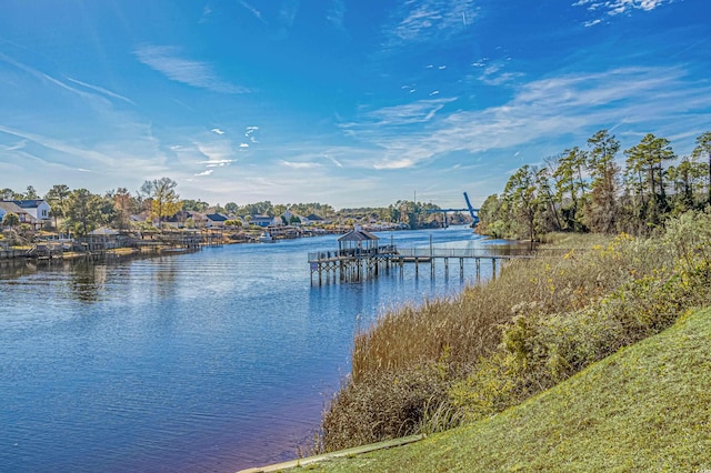 view of water feature with a dock