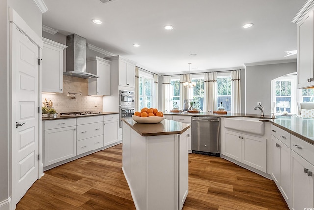 kitchen featuring white cabinetry, sink, wall chimney exhaust hood, appliances with stainless steel finishes, and hardwood / wood-style flooring