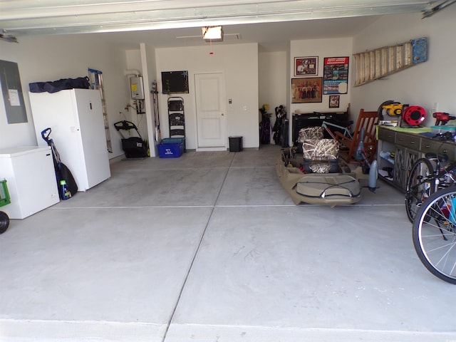 garage with a garage door opener, electric panel, and refrigerator