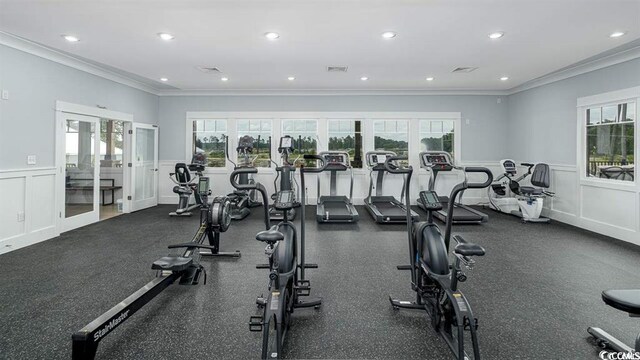 3070 Sutherland Dr, Little River, SC 29566 - gym featuring ornamental molding, french doors, plenty of natural light, a wainscoted wall, and recessed lighting