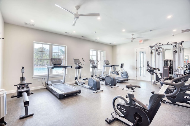 exercise room featuring ceiling fan