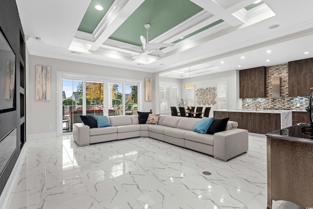 6105 Bolsena Pl, Myrtle Beach, SC 29577 - living room with coffered ceiling, ornamental molding, recessed lighting, and light marble finish floors
