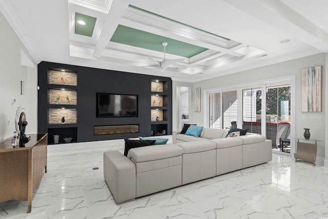 6105 Bolsena Pl, Myrtle Beach, SC 29577 - living room with coffered ceiling, built in features, ornamental molding, marble finish floors, and beamed ceiling