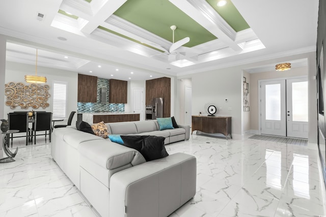 6105 Bolsena Pl, Myrtle Beach, SC 29577 - living area featuring ornamental molding, coffered ceiling, light marble finish flooring, beamed ceiling, and recessed lighting