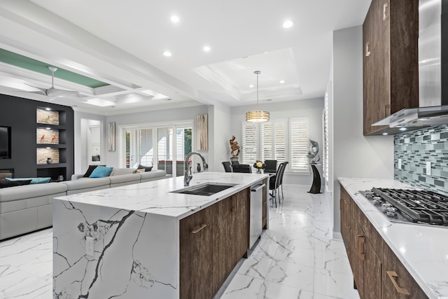 6105 Bolsena Pl, Myrtle Beach, SC 29577 - kitchen with modern cabinets, light marble finish floors, wall chimney range hood, recessed lighting, and appliances with stainless steel finishes