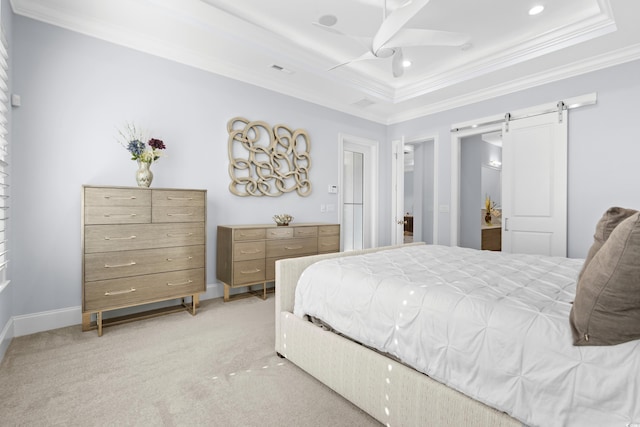 6105 Bolsena Pl, Myrtle Beach, SC 29577 - bedroom featuring crown molding, a tray ceiling, light colored carpet, recessed lighting, and a barn door