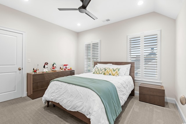 6105 Bolsena Pl, Myrtle Beach, SC 29577 - bedroom featuring carpet flooring, recessed lighting, a ceiling fan, and vaulted ceiling