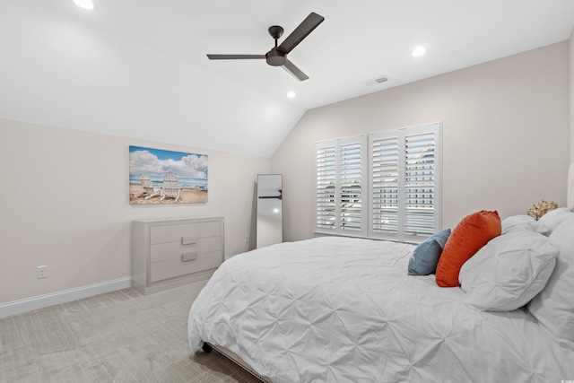 6105 Bolsena Pl, Myrtle Beach, SC 29577 - bedroom with light colored carpet, recessed lighting, vaulted ceiling, and ceiling fan