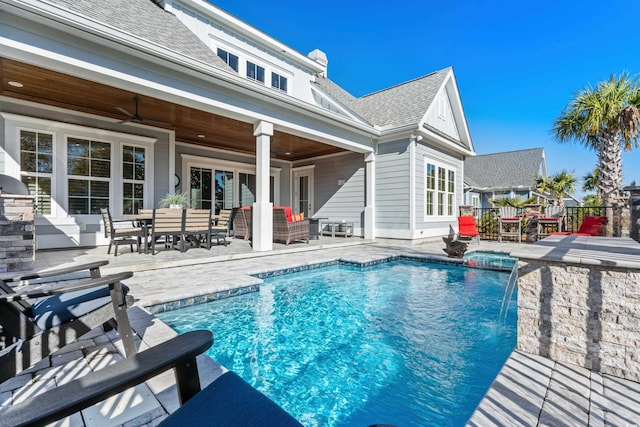 6105 Bolsena Pl, Myrtle Beach, SC 29577 - view of swimming pool featuring ceiling fan, area for grilling, an outdoor hangout area, and a patio
