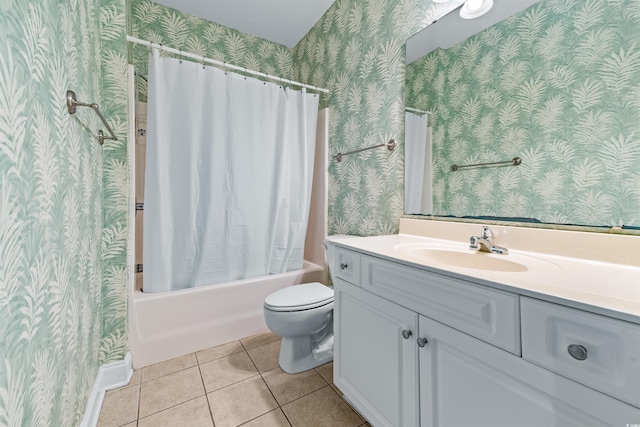 full bathroom with toilet, vanity, tile patterned floors, and shower / bath combo with shower curtain