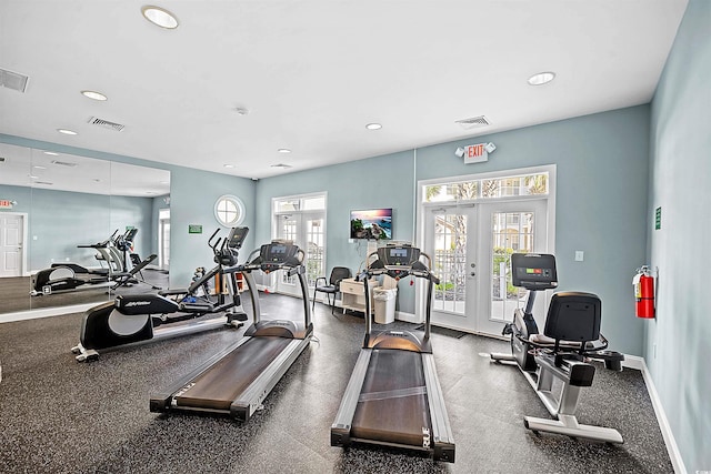 gym featuring french doors and plenty of natural light