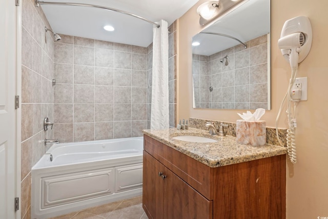 bathroom with shower / bath combo, vanity, and tile patterned floors