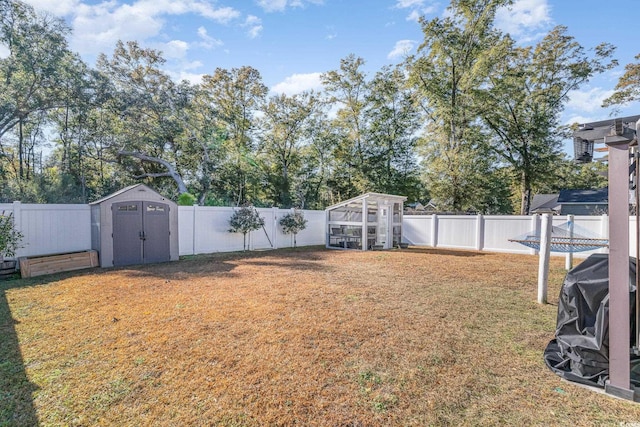 view of yard featuring a storage unit