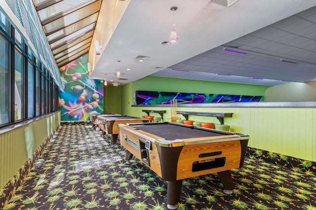 playroom with dark carpet and pool table