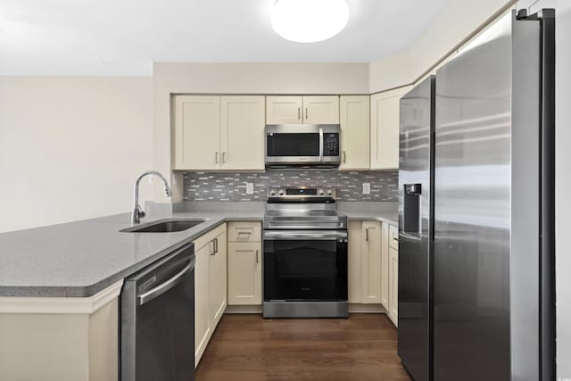 kitchen featuring appliances with stainless steel finishes, backsplash, dark wood-type flooring, sink, and cream cabinets