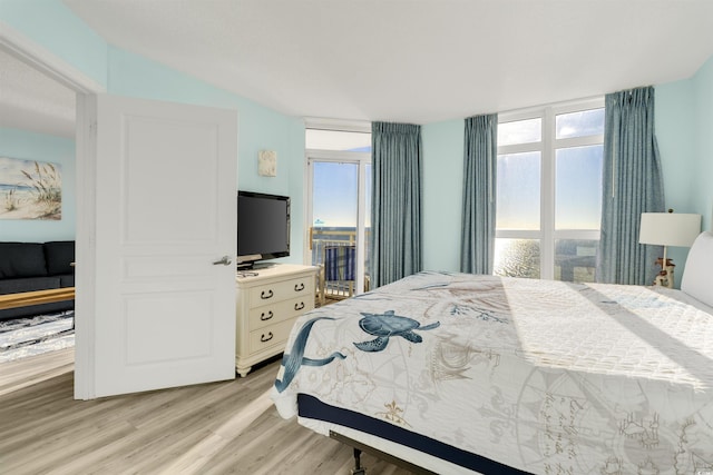 bedroom featuring light hardwood / wood-style floors and access to outside