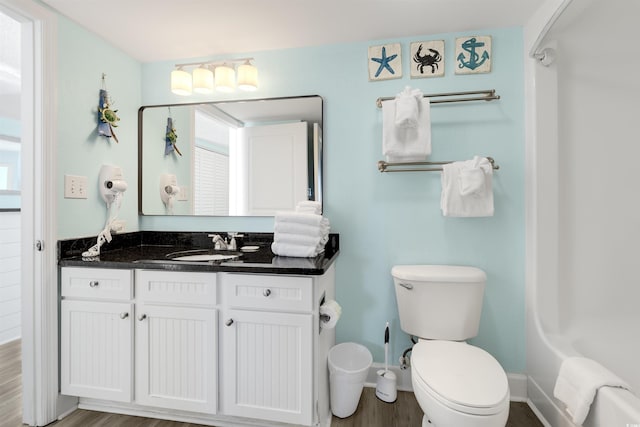 bathroom featuring wood-type flooring, vanity, and toilet