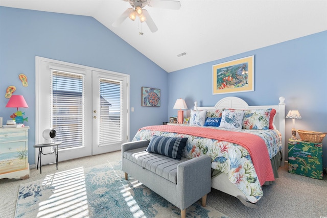 carpeted bedroom featuring ceiling fan, access to exterior, and lofted ceiling