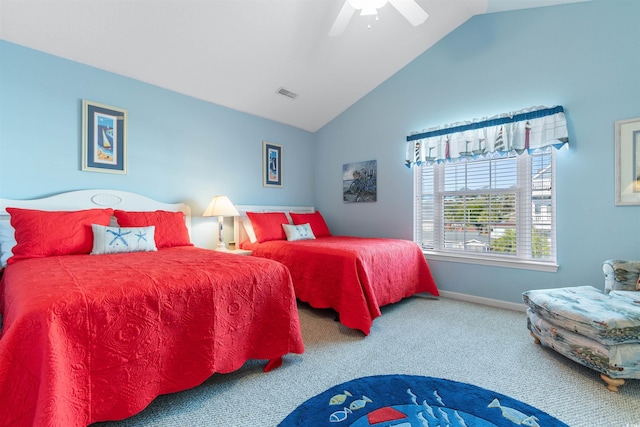 carpeted bedroom with ceiling fan and lofted ceiling