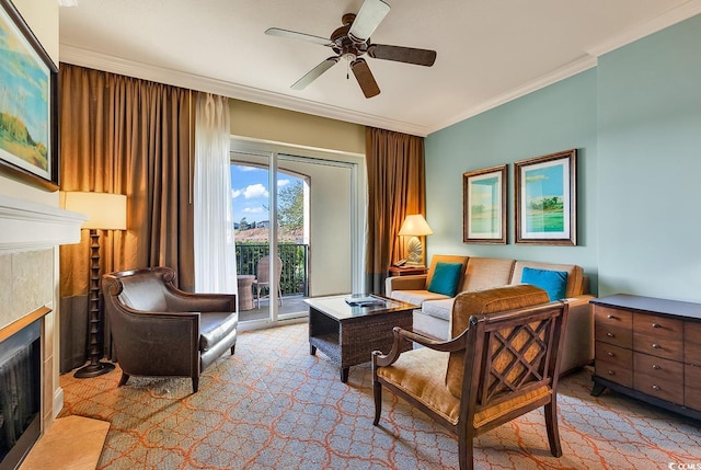8121 Amalfi Pl Unit 5-103, Myrtle Beach, SC 29572 - living area featuring a fireplace, a ceiling fan, and crown molding