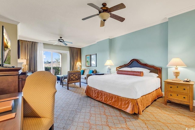 8121 Amalfi Pl Unit 5-103, Myrtle Beach, SC 29572 - bedroom with crown molding, light colored carpet, access to outside, and ceiling fan