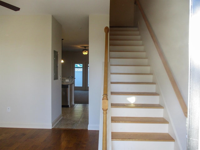 stairway featuring wood-type flooring, electric panel, and ceiling fan