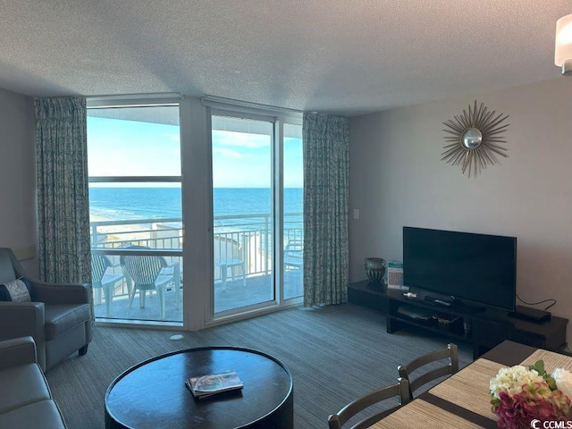 2301 S Ocean Blvd Unit 1002, North Myrtle Beach, SC 29582 - carpeted living room with floor to ceiling windows and a textured ceiling