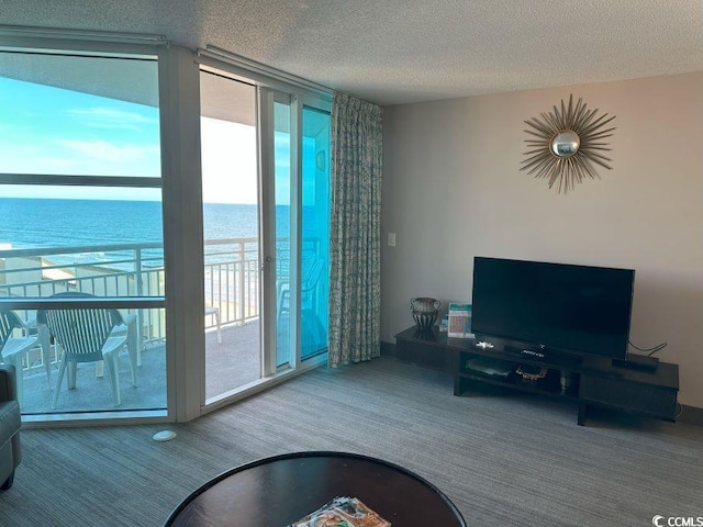 2301 S Ocean Blvd Unit 1002, North Myrtle Beach, SC 29582 - carpeted living room with a wall of windows and a textured ceiling