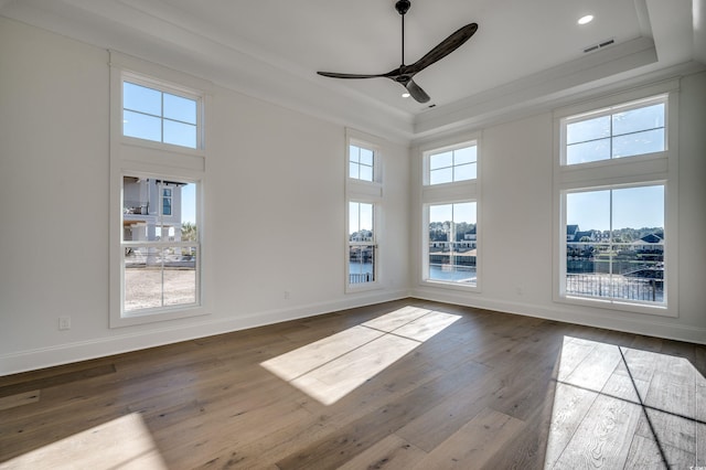 unfurnished room featuring ceiling fan, a raised ceiling, hardwood / wood-style flooring, and a healthy amount of sunlight