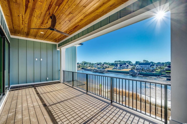 balcony featuring ceiling fan and a water view