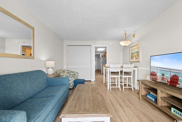 living room featuring a textured ceiling and light wood-type flooring