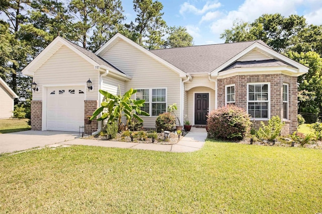 single story home featuring a front yard and a garage