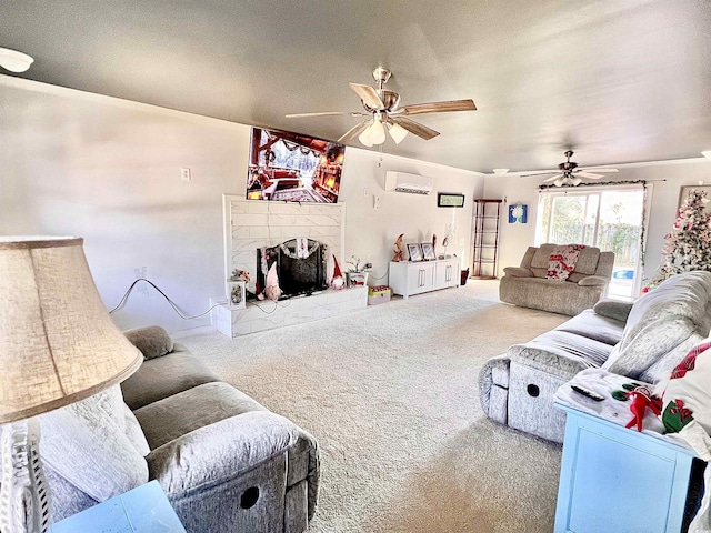 living room with carpet and a wall unit AC