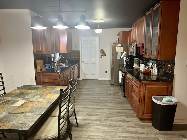 kitchen with decorative backsplash, appliances with stainless steel finishes, light wood-type flooring, sink, and hanging light fixtures