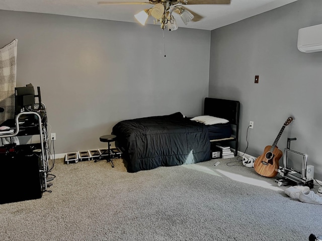 carpeted bedroom with a wall mounted air conditioner and ceiling fan