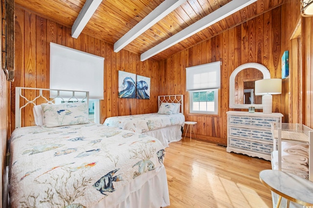 bedroom featuring hardwood / wood-style flooring, lofted ceiling with beams, wooden ceiling, and wooden walls