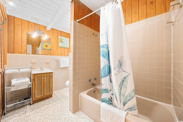 full bathroom with vanity, wooden ceiling, toilet, shower / tub combo with curtain, and beam ceiling